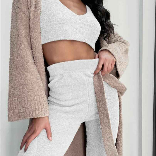 Cozy 3pcs Womens Clothing Long Sleeve Crop Tank Top And Drawstring Shorts Pajama Set