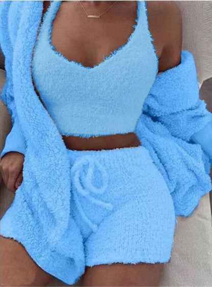 Cozy 3pcs Womens Clothing Long Sleeve Crop Tank Top And Drawstring Shorts Pajama Set