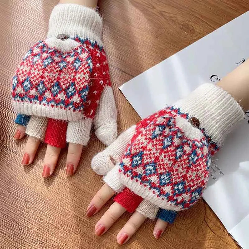 Convertible Knit Gloves with Nordic Pattern
