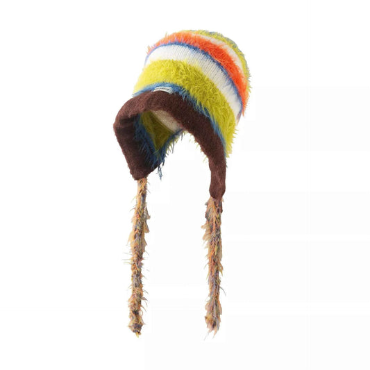 Striped Fuzzy Knit Hat with Ear Flaps