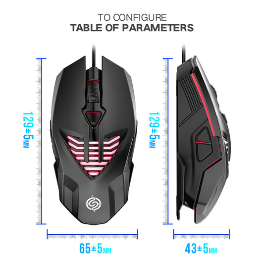 Black gaming mouse with red accents and measurements on a white background