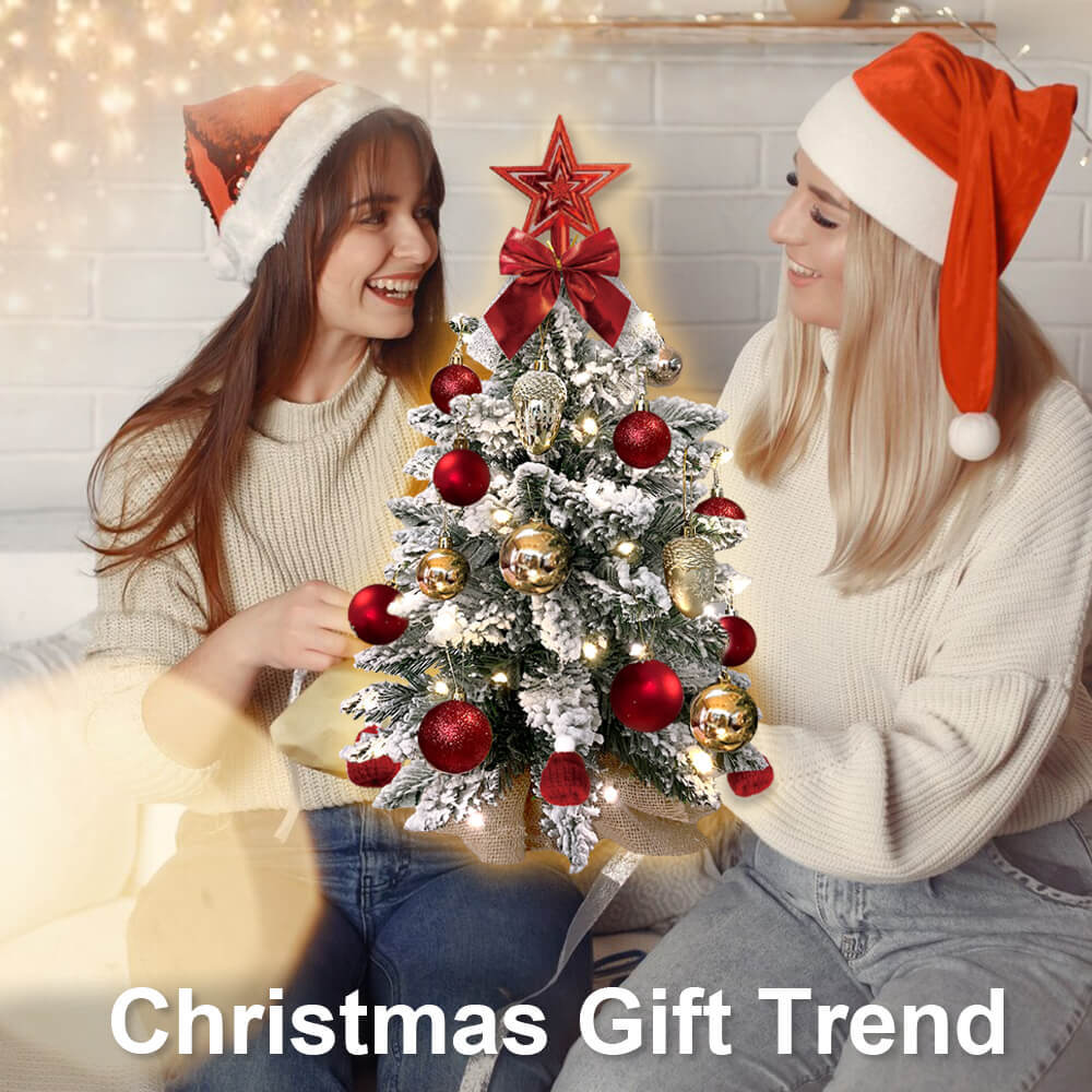2ft Artificial Mini Christmas Tree with LED Lights, Flocked Snow & Ornaments
