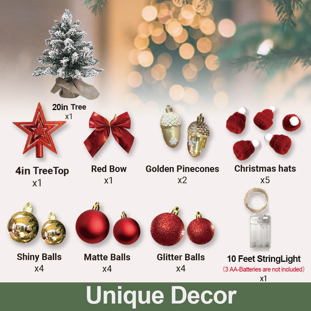 2ft Artificial Mini Christmas Tree with LED Lights, Flocked Snow & Ornaments