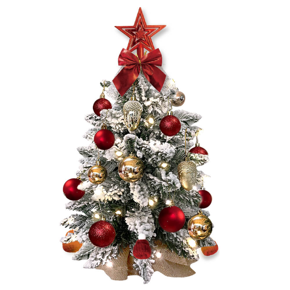 2ft Artificial Mini Christmas Tree with LED Lights, Flocked Snow & Ornaments