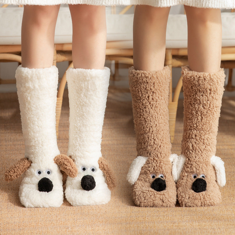Cozy Holiday Gifts Cute Cartoon Dog Floor Socks Winter Warm Non-slip Plush Socks For Women