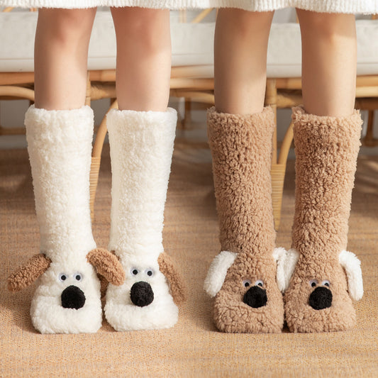 Cozy Holiday Gifts Cute Cartoon Dog Floor Socks Winter Warm Non-slip Plush Socks For Women