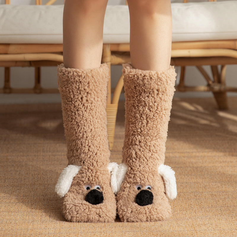Cozy Holiday Gifts Cute Cartoon Dog Floor Socks Winter Warm Non-slip Plush Socks For Women
