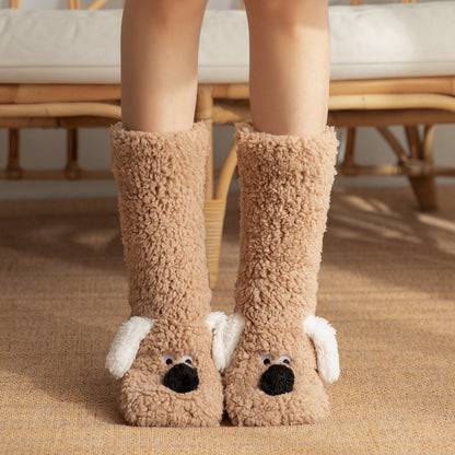 Cozy Holiday Gifts Cute Cartoon Dog Floor Socks Winter Warm Non-slip Plush Socks For Women
