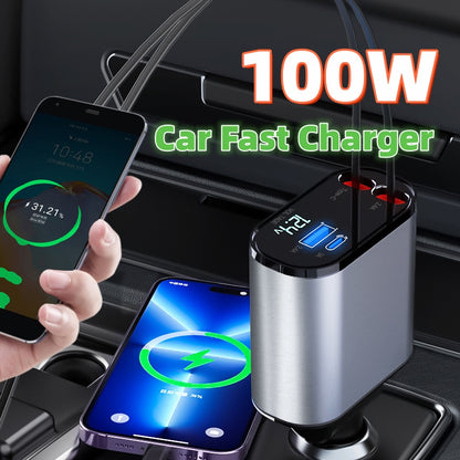 100W Metal Car Charger – Super Fast USB + Type‑C Cigarette Lighter Adapter