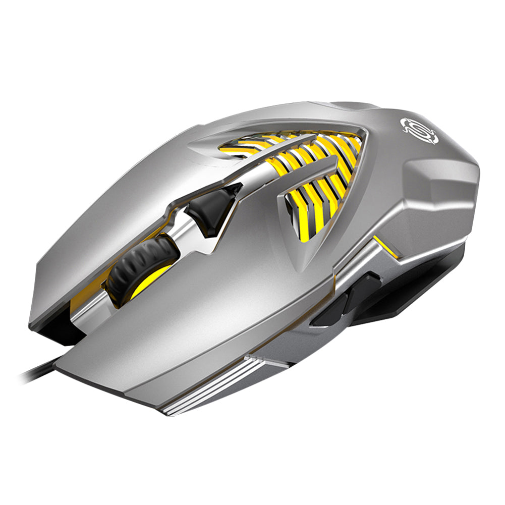 Silver gaming mouse with yellow accents on a white background