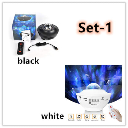 Black and white disco ball lights with packaging and remote control on a white background