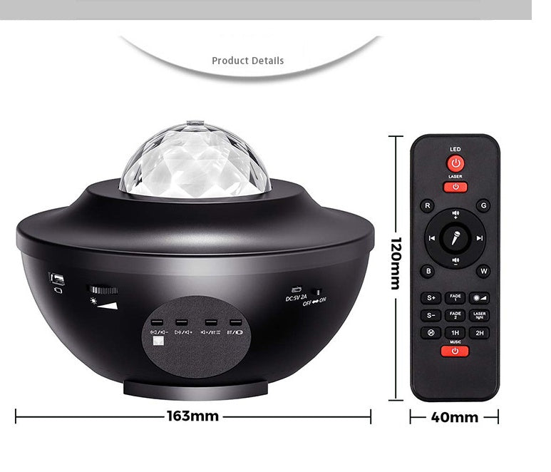 Black LED projector with crystal ball and remote control, showing product details and dimensions.