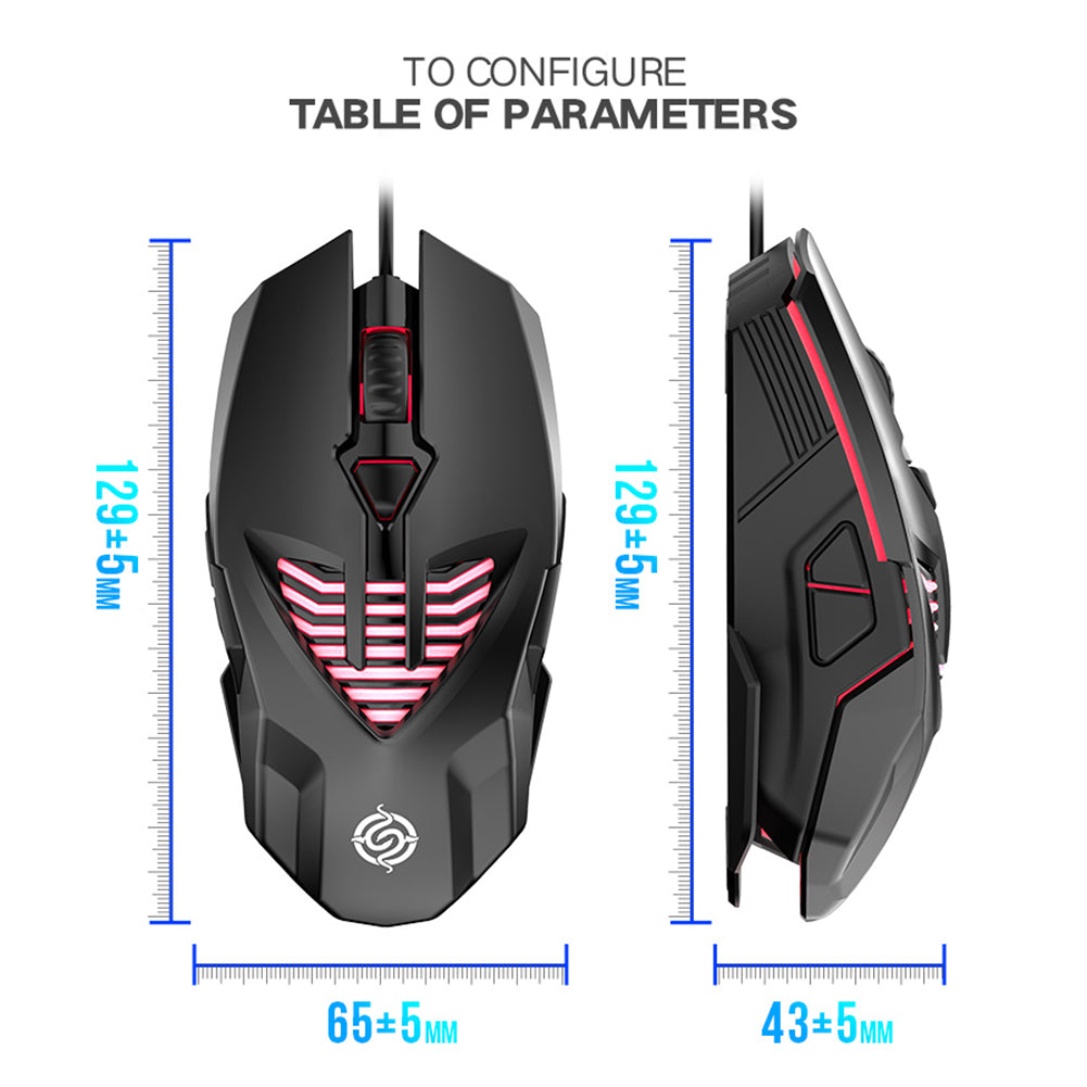 Black gaming mouse with red accents and measurements on a white background