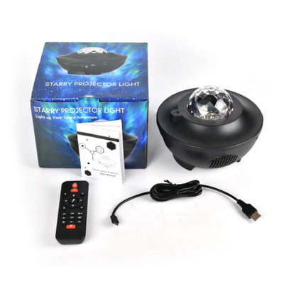 Starry projector light with packaging, remote control, and cable on a white background free shipping